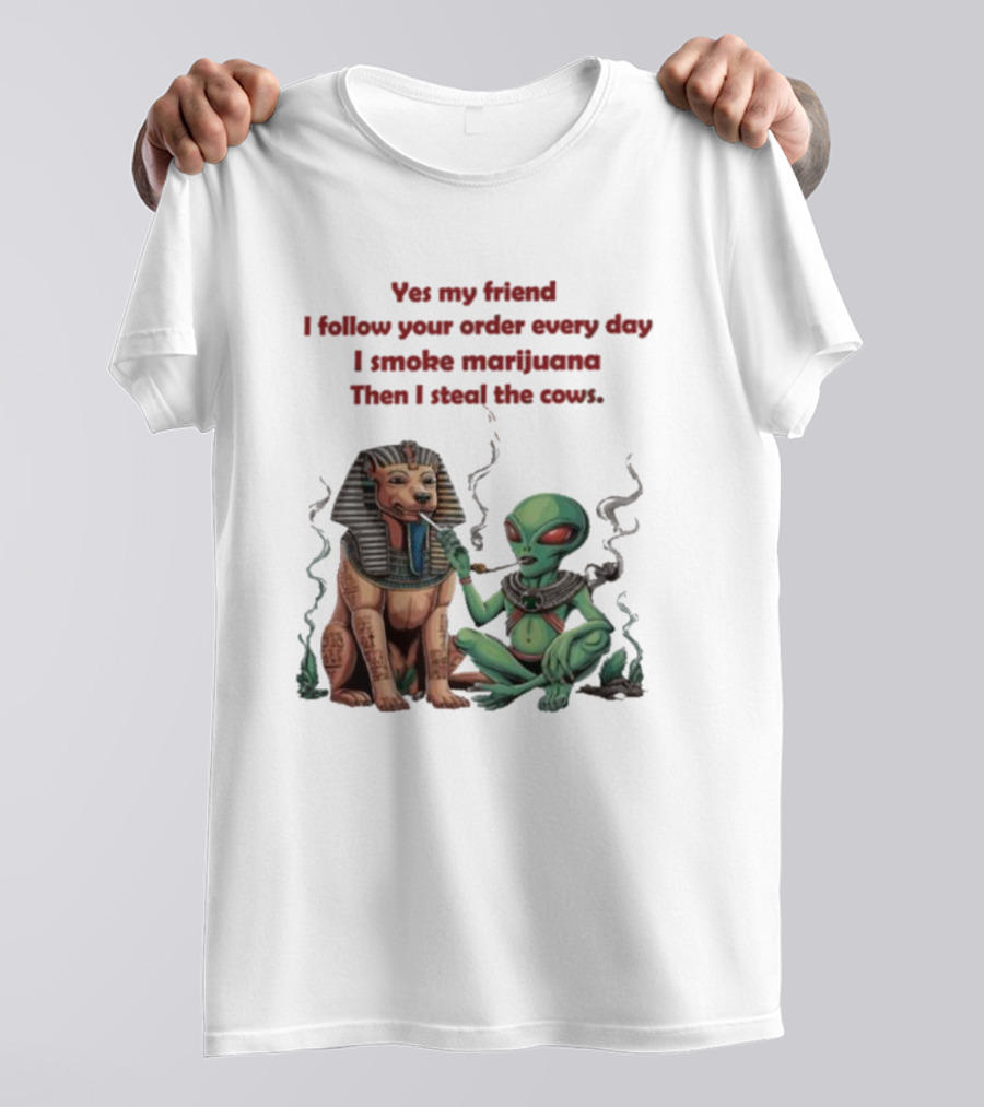 Yes My Friend I Follow Your Order Every Day I Smoke Marijuana Then I Steal The Cows Alien With Sphinx Smoking T-Shirt