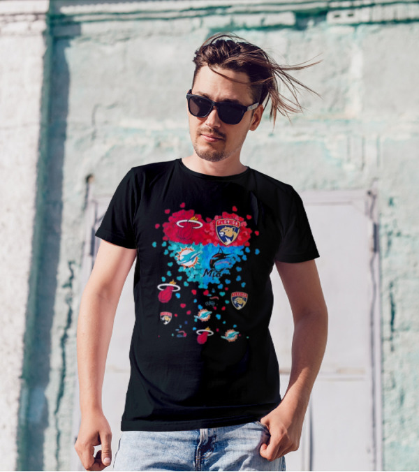 Miami Dolphins Miami Heat Florida Panthers Mashup Hearts T-Shirt