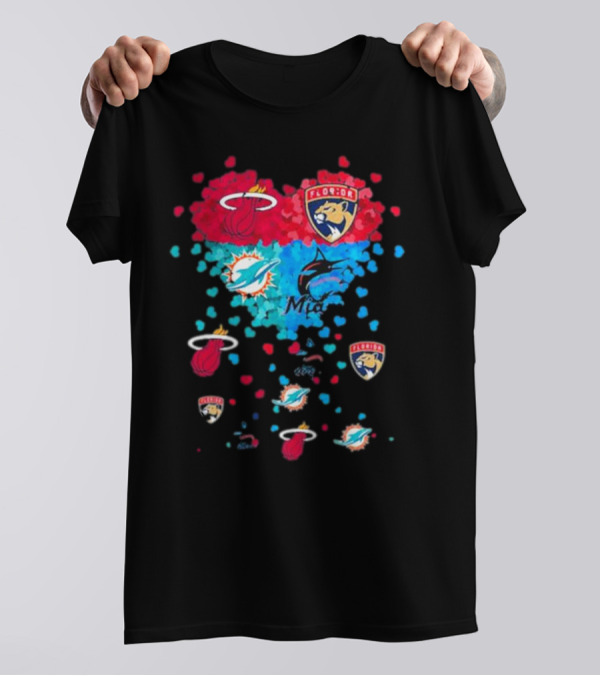 Miami Dolphins Miami Heat Florida Panthers Mashup Hearts T-Shirt