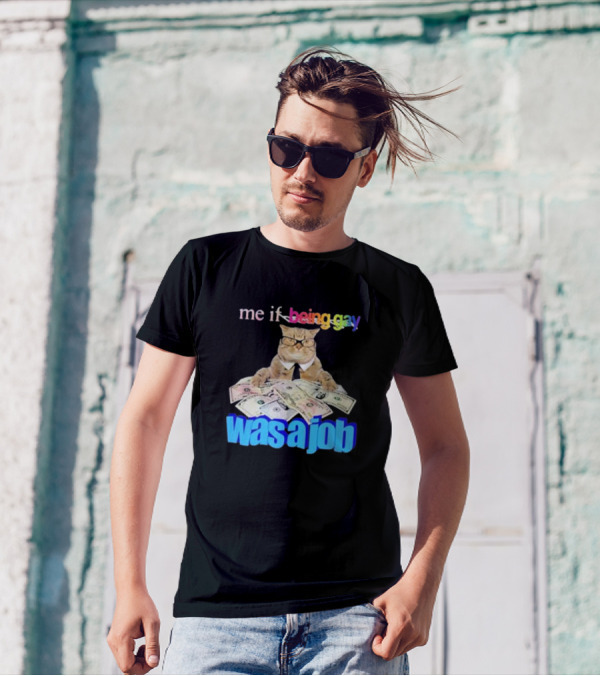 Cat With Money And Rainbow Text Me If Being Gay Was A Job T-Shirt