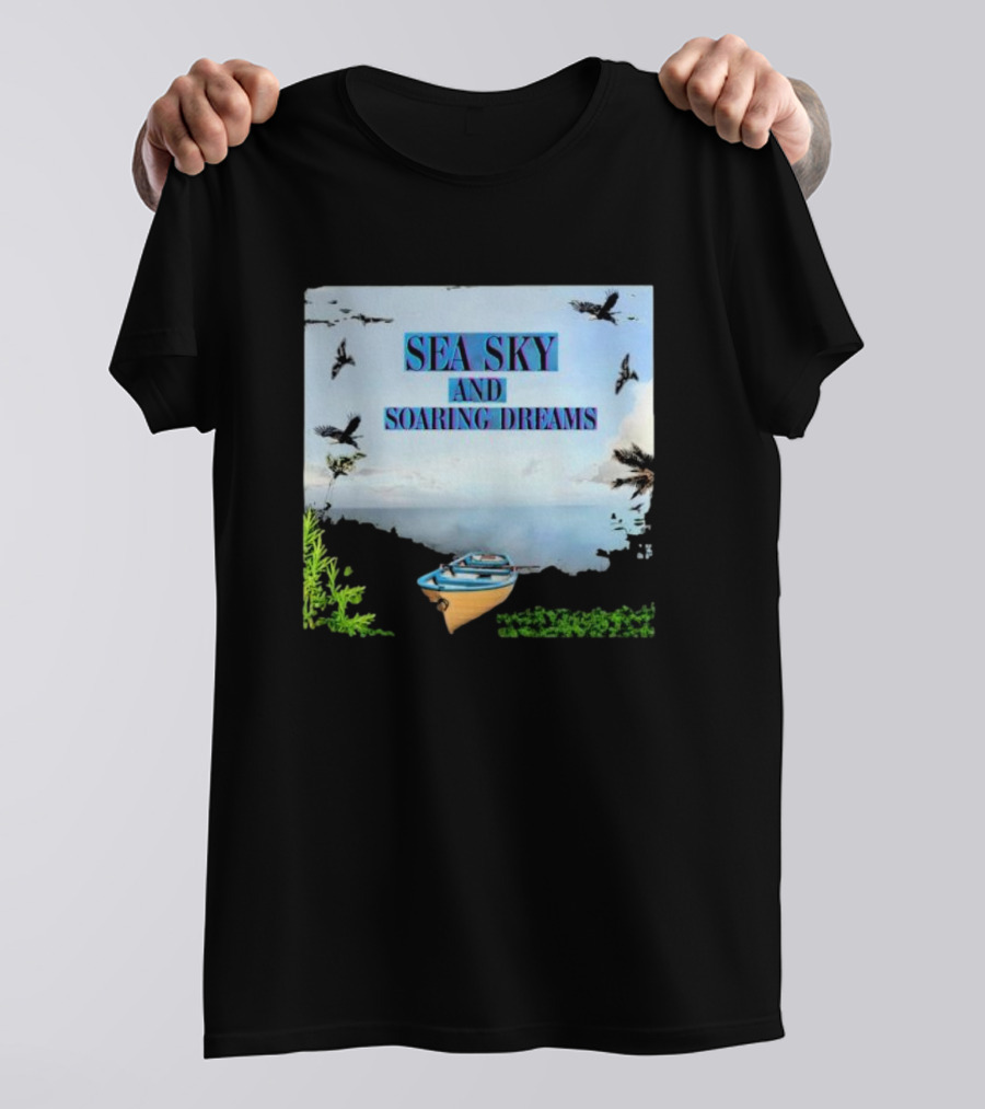 SEA SKY AND SOARING DREAMS WITH BIRDS AND BOAT IN NATURE SCENE T-Shirt