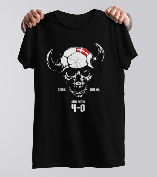 Flere Øl Flere Mål Store Patten 4-0 Skull With Horns And Denmark Flag Suspekt Tour T-Shirt