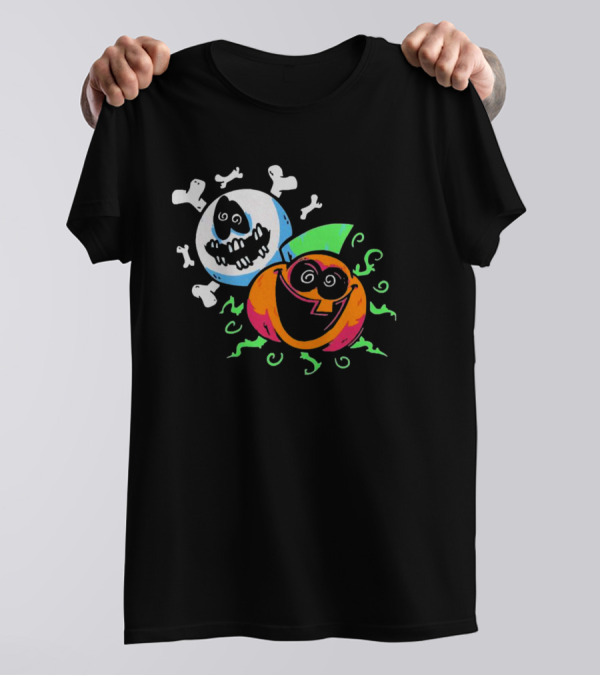 Spooky Month Colorful Cartoon Ghosts And Pumpkins With Bones T-Shirt