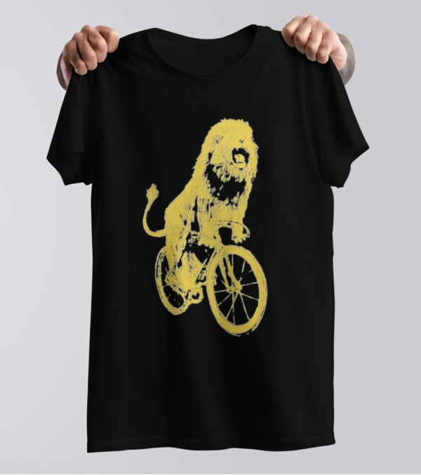 Lion Riding Bicycle Sketch Yellow T-Shirt