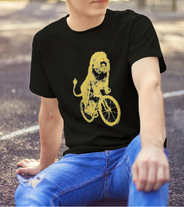 Lion Riding Bicycle Sketch Yellow T-Shirt