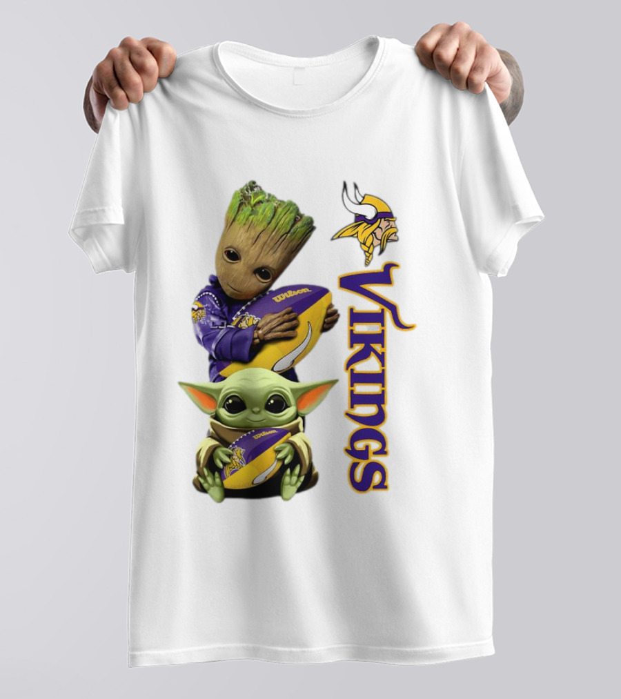 Baby Groot And Yoda Hugging Minnesota Vikings Football T-Shirt