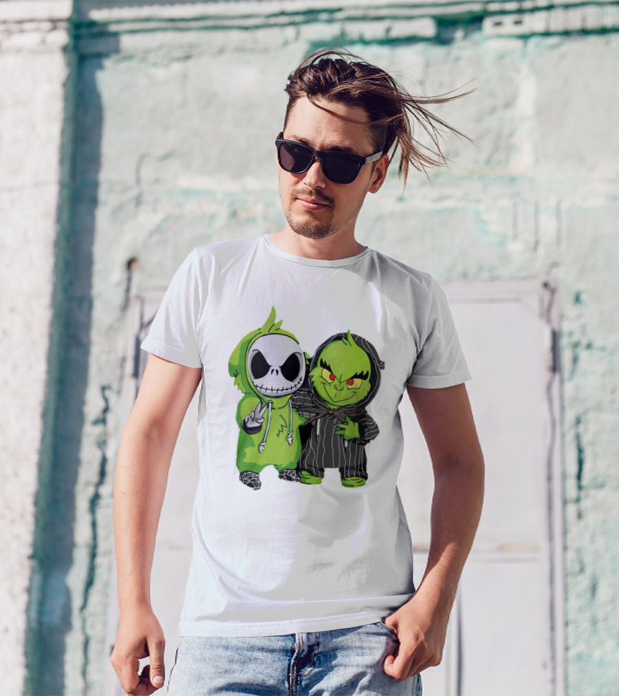 Baby Jack Skellington And Grinch In Green Hoodies T-Shirt