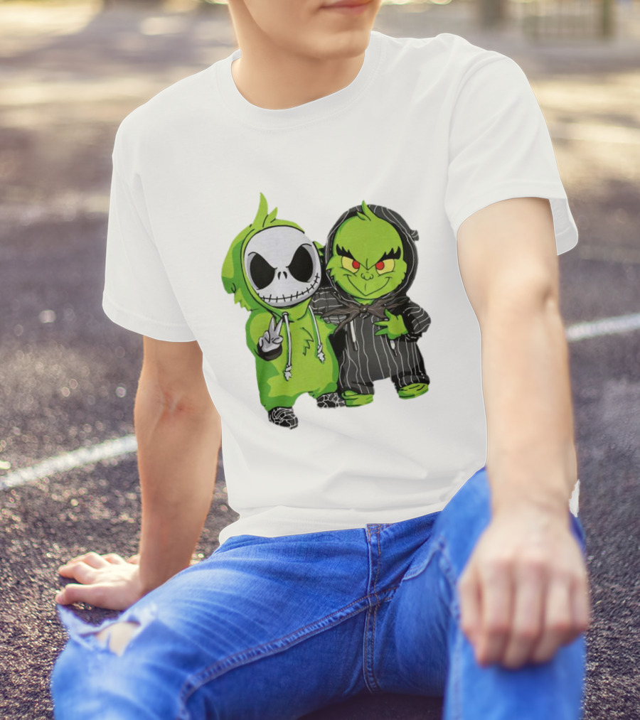 Baby Jack Skellington And Grinch In Green Hoodies T-Shirt