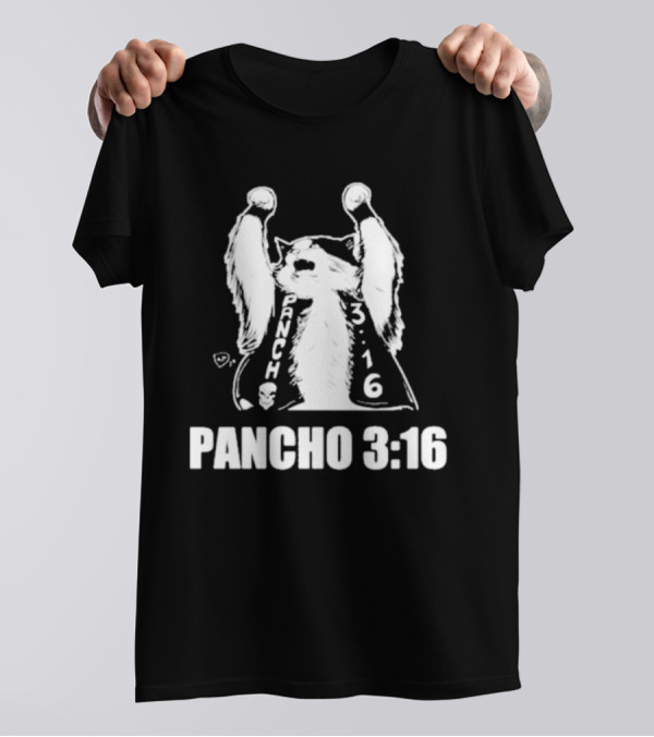 Pancho 3:16 Cat Illustration With Skull Motif And Raised Paws T-Shirt