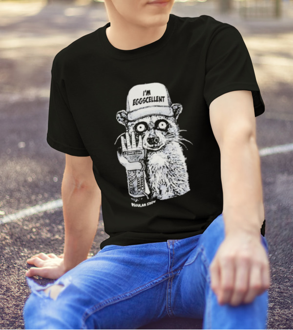 I'm Eggscellent Rigby Regular Show Raccoon Wearing Hat With Cybernetic Arm T-Shirt