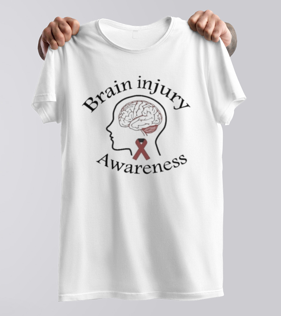 Brain Injury Awareness Red Ribbon Head Silhouette With Brain Outline T-Shirt