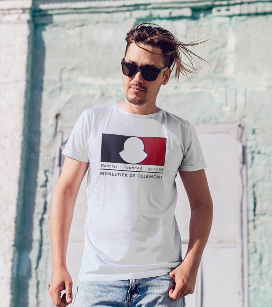 Moncler Founded In 1952 Monestier De Clermont Sky Blue Logo Black Red T-Shirt