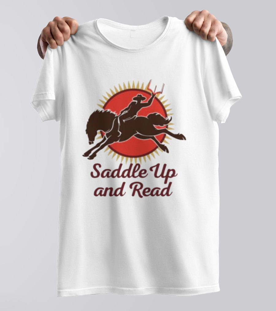 Saddle Up And Read Horseback Silhouette Against Sunburst T-Shirt