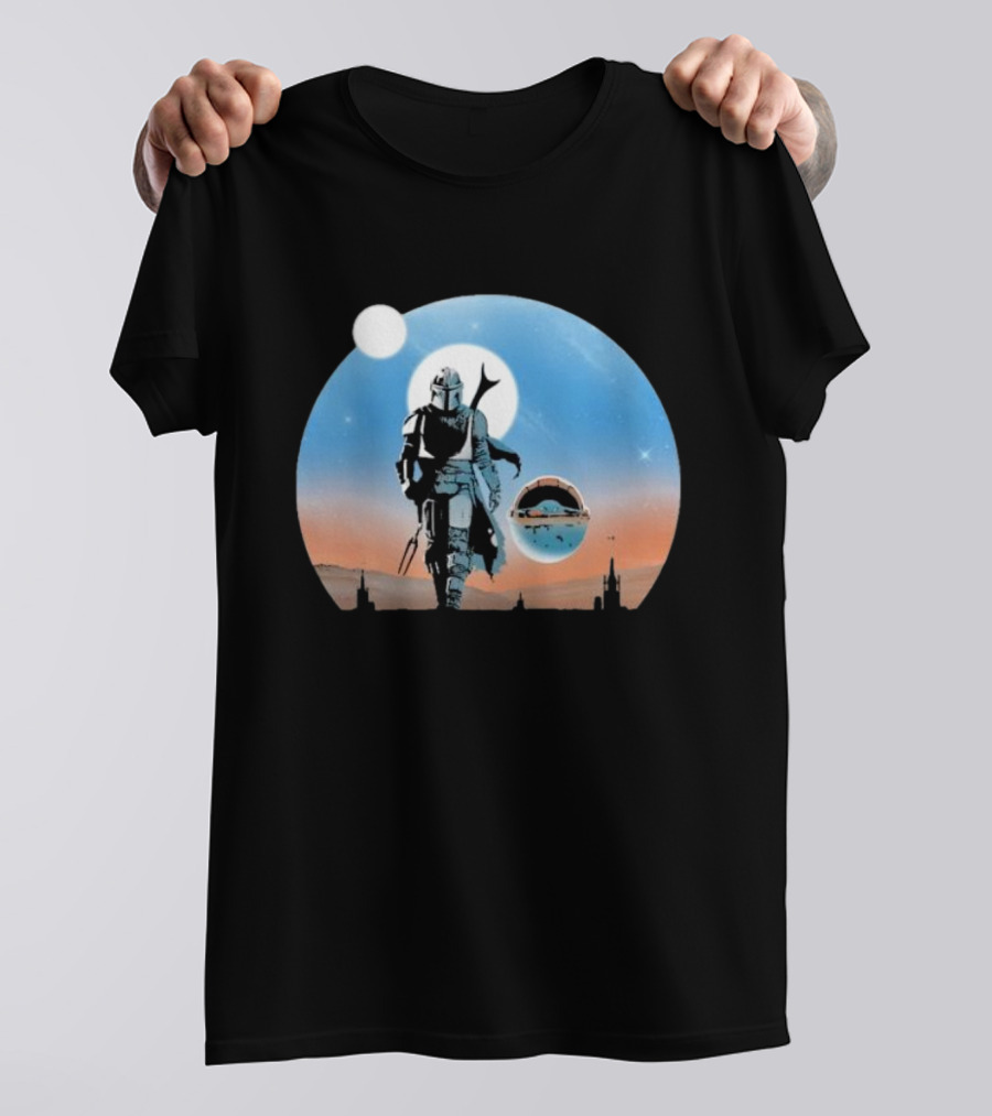 Protect The Child Star War Walking Mandalorian Sunset Adventure T-Shirt