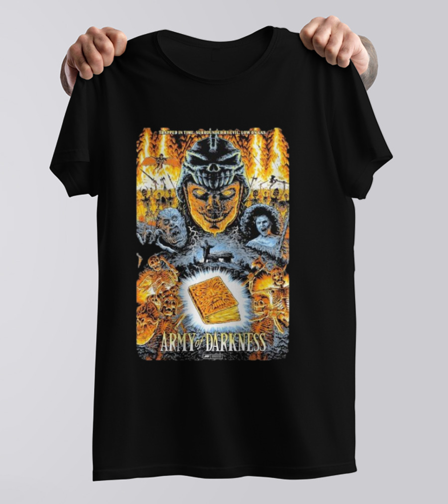 Trapped In Time Surrounded By Evil Low On Gas Army Of Darkness Necronomicon Evil Dead Horror Collage T-Shirt