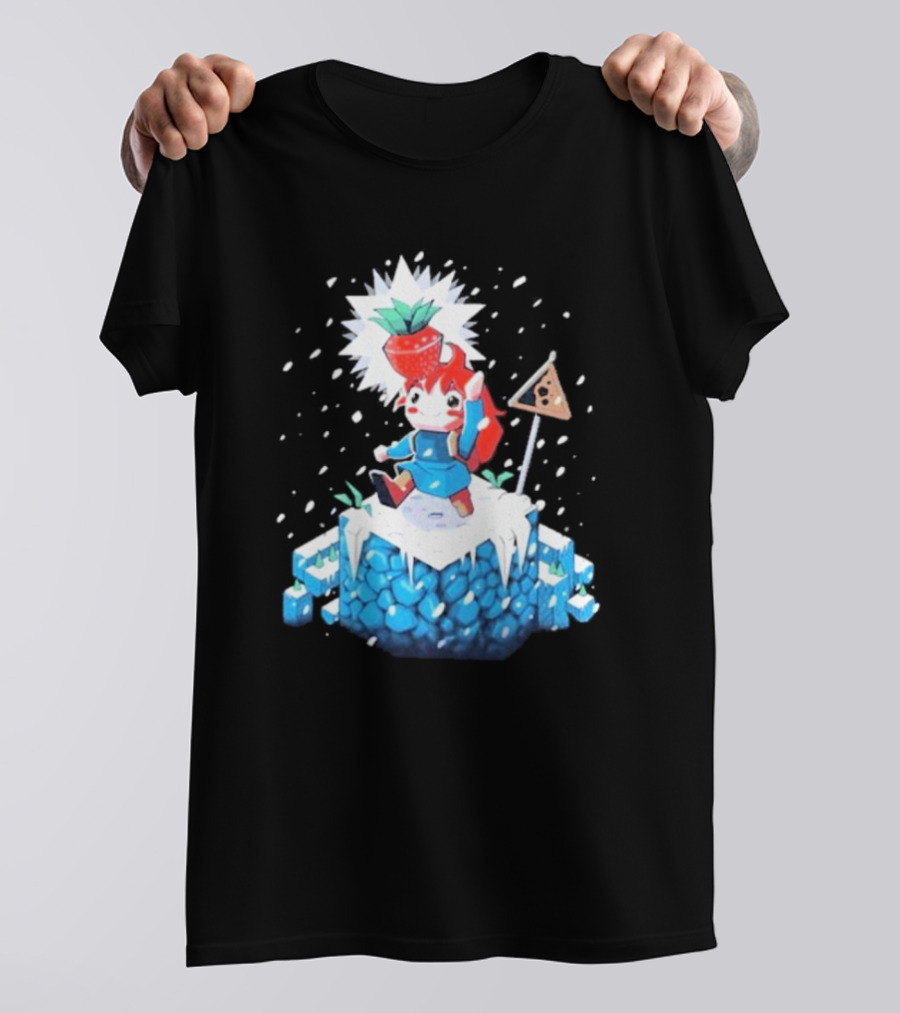 The Yetee Celeste 64 Pixel Adventure Character With Strawberry And Flag On Ice Mountain T-Shirt