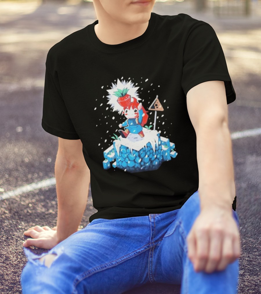The Yetee Celeste 64 Pixel Adventure Character With Strawberry And Flag On Ice Mountain T-Shirt