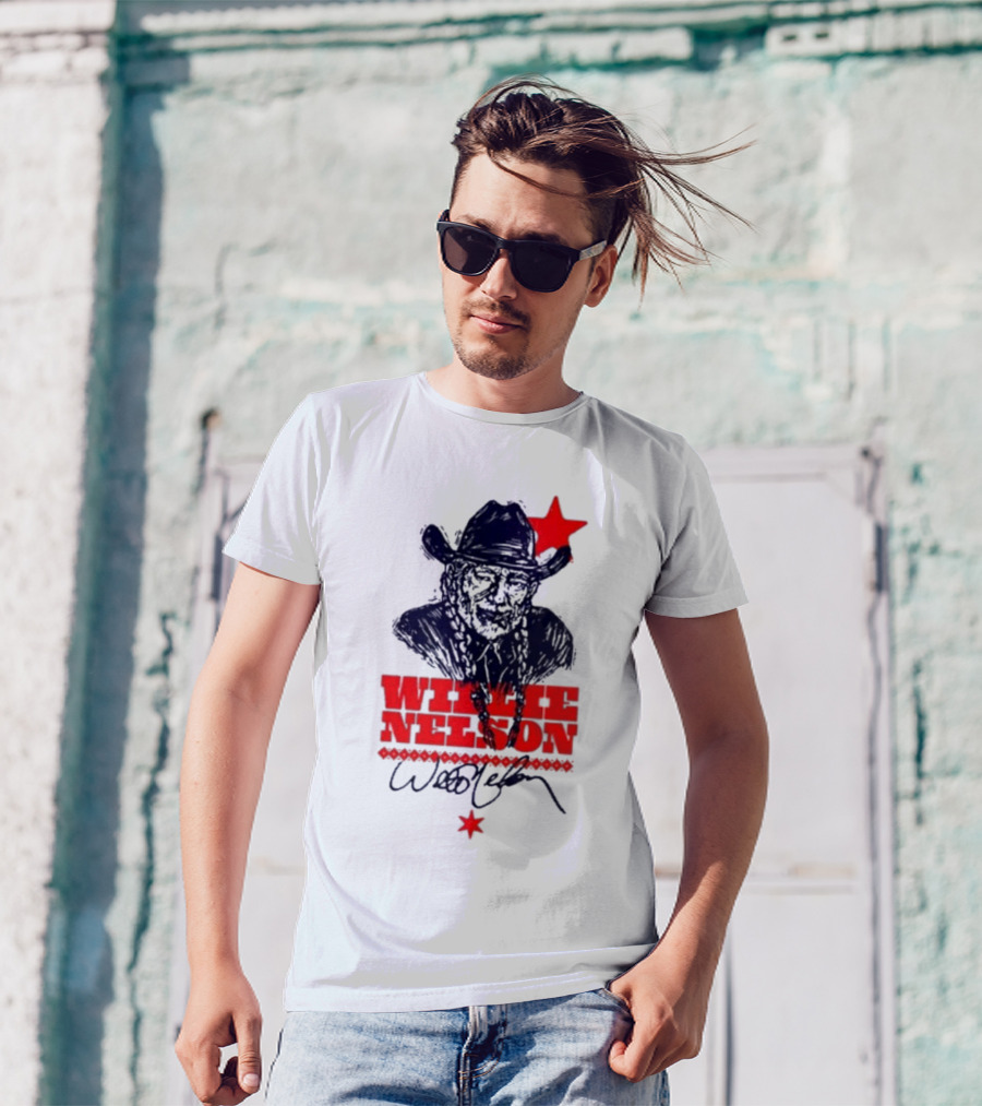 Willie Nelson Woodcut Cowboy Hat Red Star T-Shirt