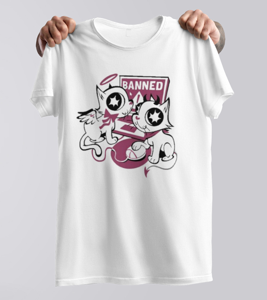 Sinjin Banned Angel Devil Cats With Starry Eyes Sitting By Computer T-Shirt