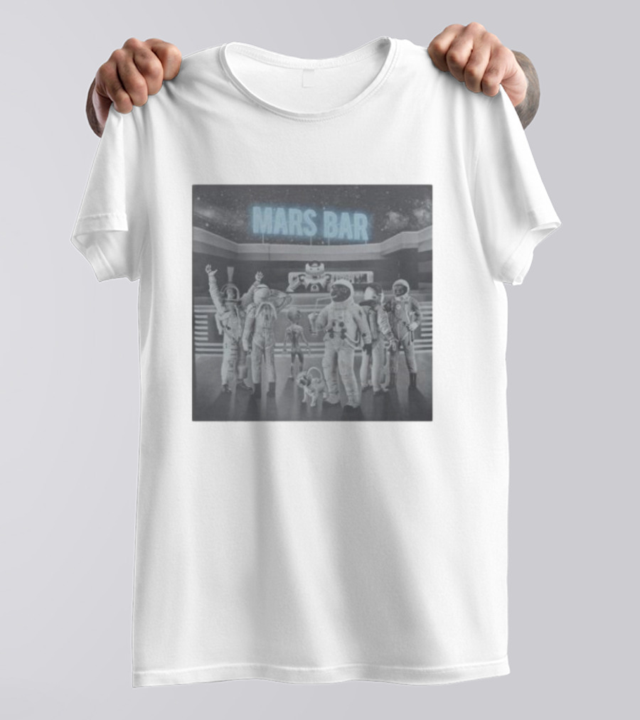 Mars Bar With Astronauts And Alien In Space Scene T-Shirt