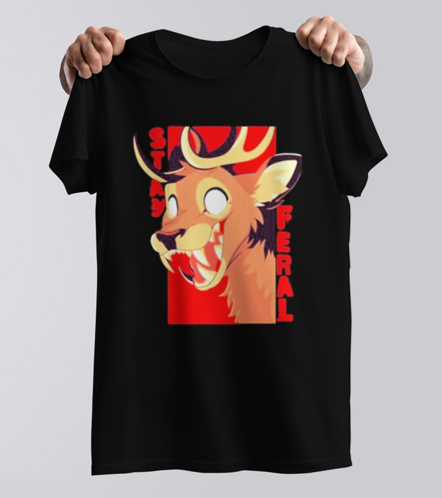 Stay Feral Toothy Deer Wild Expression Monochrome Cartoon T-Shirt