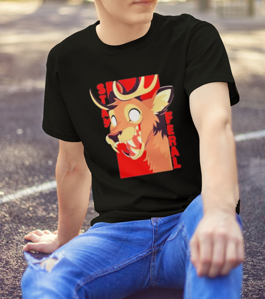 Stay Feral Toothy Deer Wild Expression Monochrome Cartoon T-Shirt
