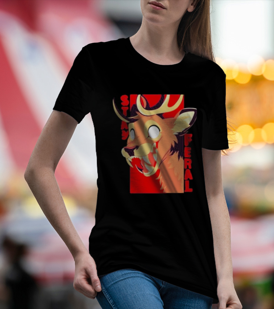 Stay Feral Toothy Deer Wild Expression Monochrome Cartoon T-Shirt