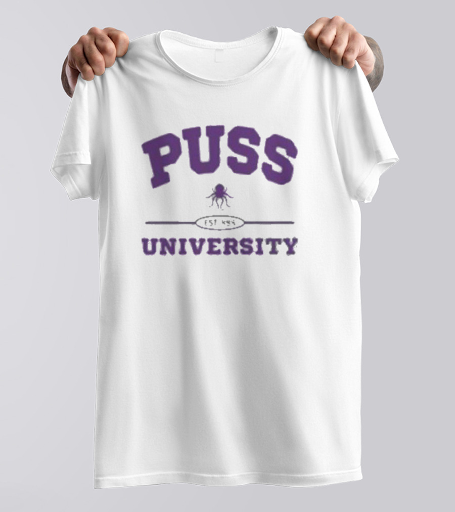 Puss University Est 888 Purple Logo Design With Octopus T-Shirt