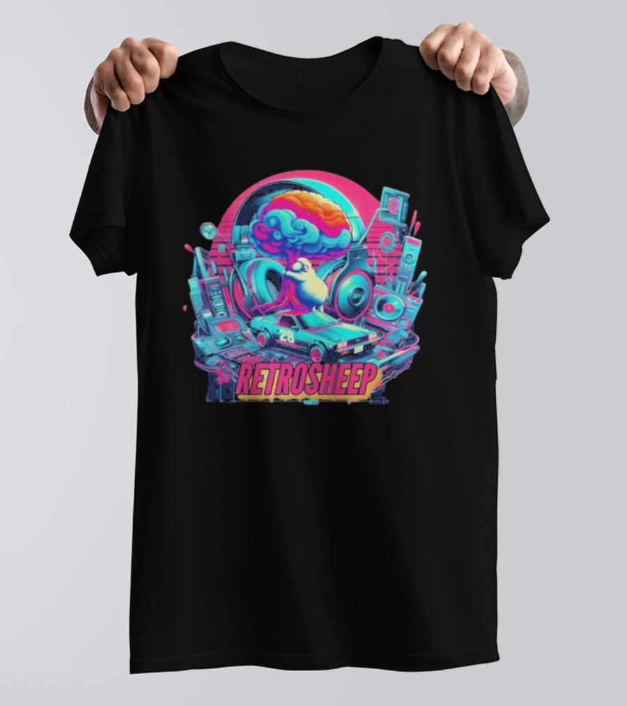 Retrosheep Neon Music Explosion With Retro Cars And Speakers T-Shirt