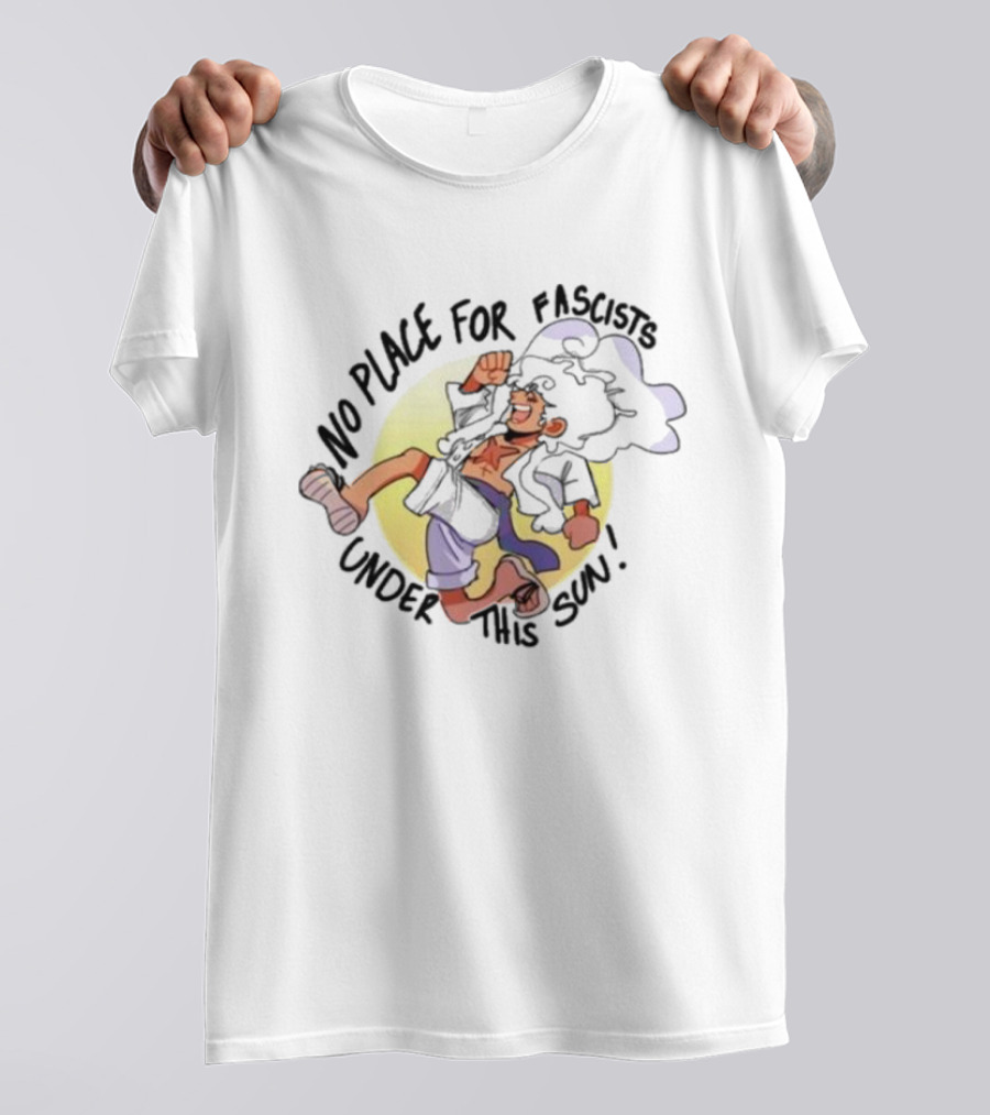 No Place For Fascists Under This Sun Energetic Character Jumping Against Yellow Circle Background T-Shirt