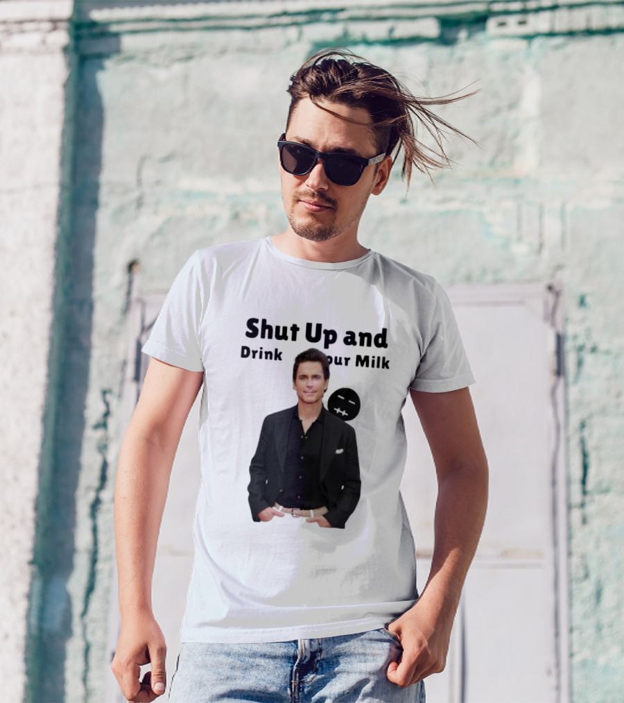 Shut Up And Drink Your Milk With Smiling Man In Black Suit T-Shirt