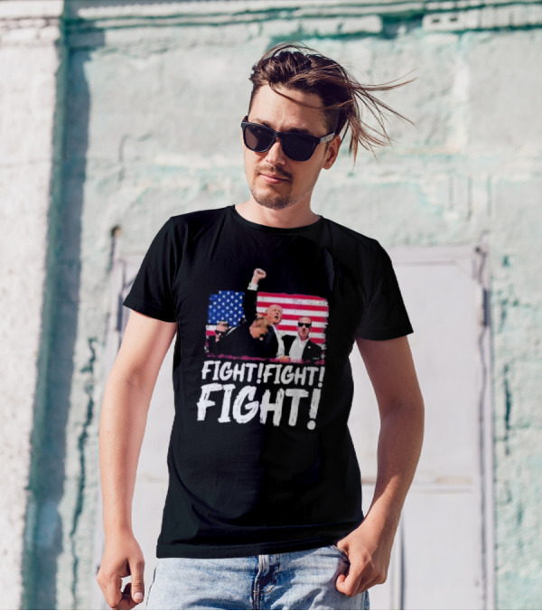 Fight Fight Fight Trump Support With American Flag Background T-Shirt
