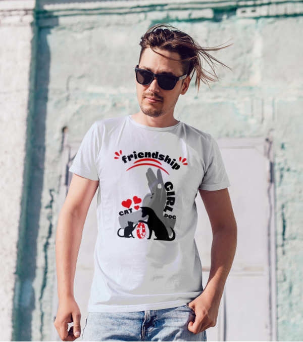 Friendship Girl Cat Dog Pet Pal Hearts T-Shirt