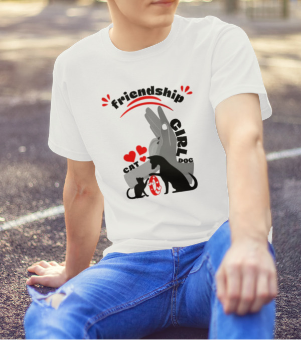 Friendship Girl Cat Dog Pet Pal Hearts T-Shirt
