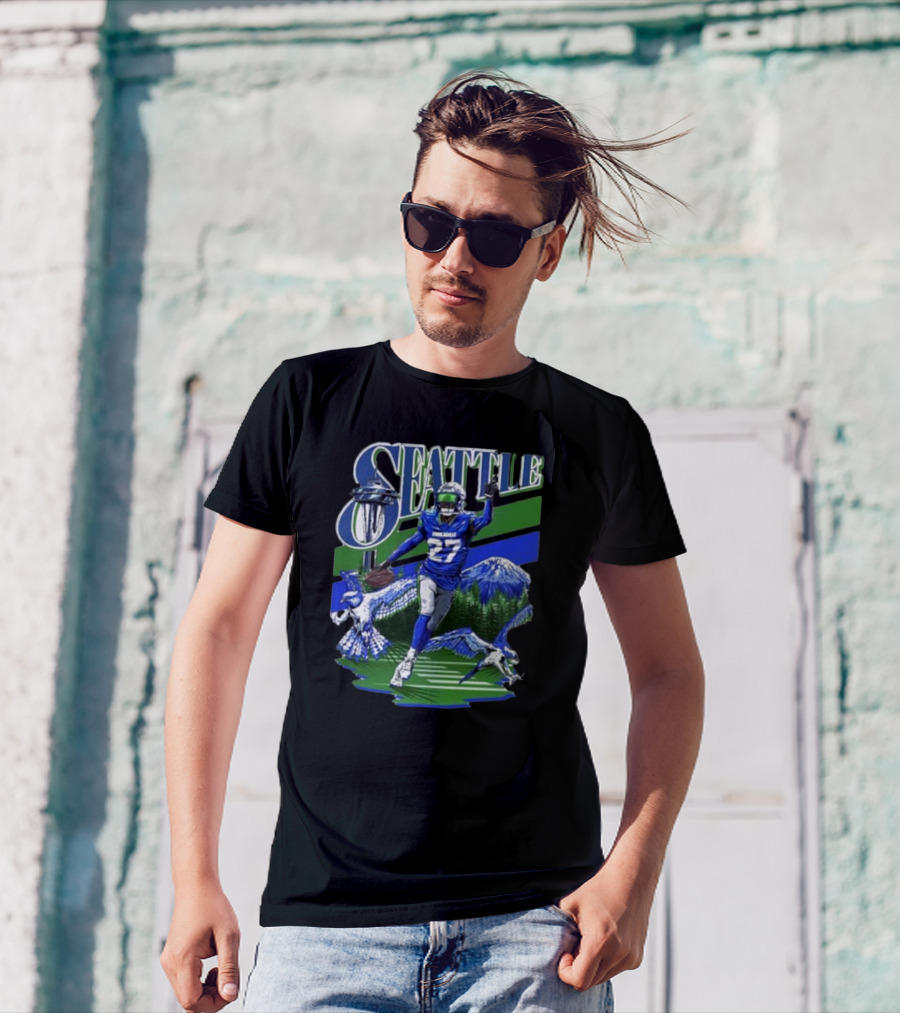 Seattle Seahawks Tariq Woolen Number 27 With Space Needle And Mountain Background T-Shirt