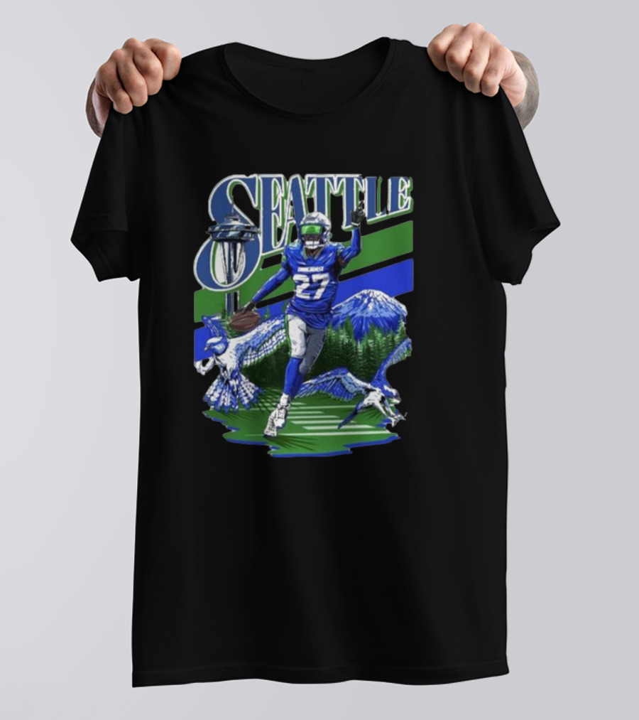 Seattle Seahawks Tariq Woolen Number 27 With Space Needle And Mountain Background T-Shirt