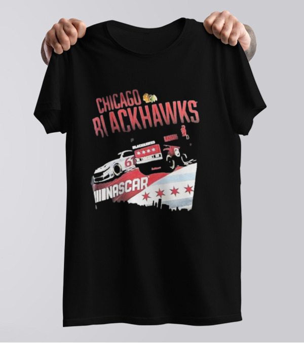 Chicago Blackhawks NASCAR Racing Car With City Skyline And Number 61 T-Shirt