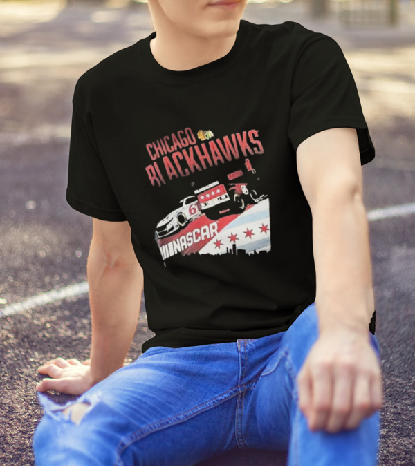 Chicago Blackhawks NASCAR Racing Car With City Skyline And Number 61 T-Shirt