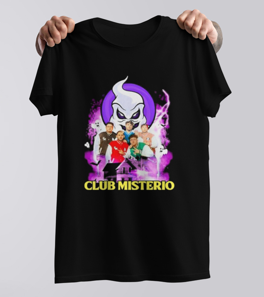 Club Misterio 2024 Ghostly Group In Haunted House Scene With Spooky Ghosts T-Shirt