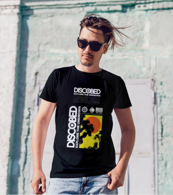Discobed Explore The Unknown Global Exploration Est 1988 Sun Images With Iconic Nature Scene T-Shirt
