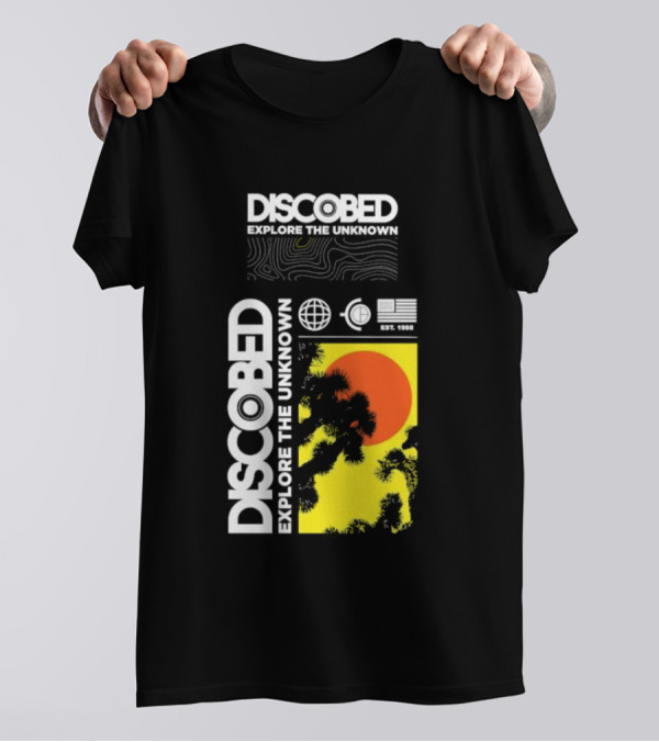 Discobed Explore The Unknown Global Exploration Est 1988 Sun Images With Iconic Nature Scene T-Shirt