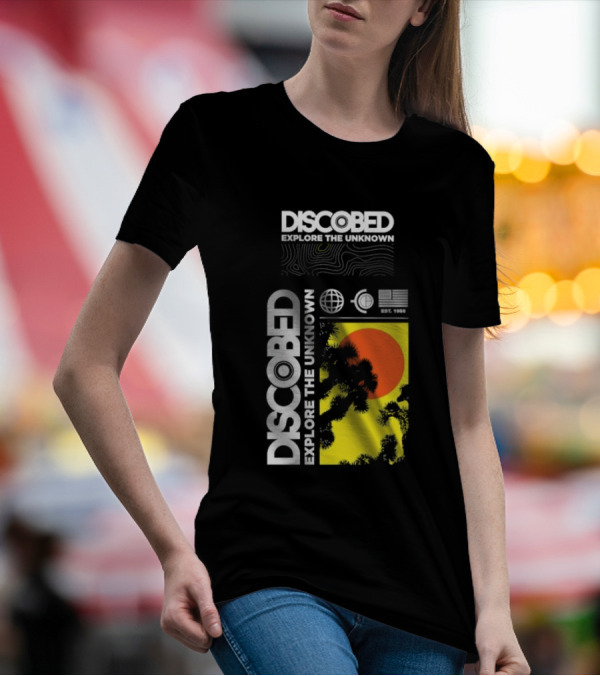 Discobed Explore The Unknown Global Exploration Est 1988 Sun Images With Iconic Nature Scene T-Shirt
