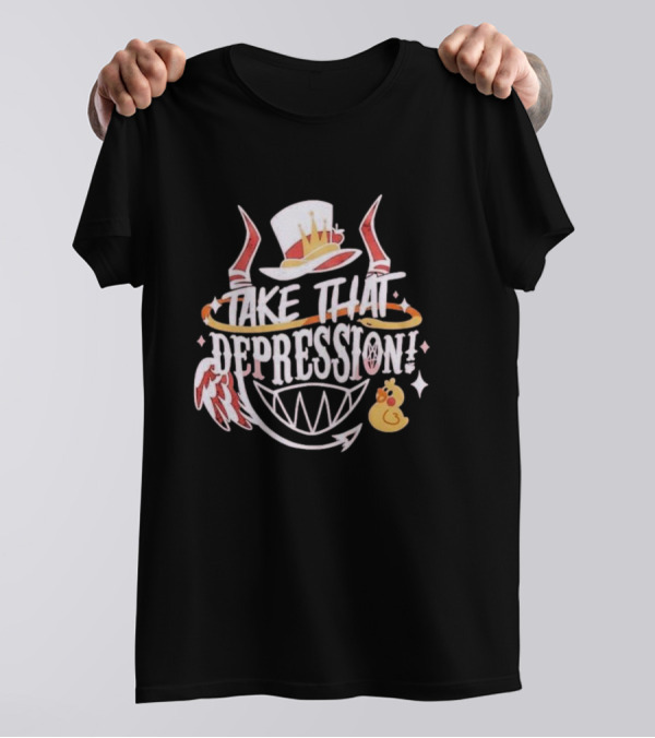 Take That Depression 2024 Hazbin Hotel Crowned Top Hat Winged Grinning Rubber Duck T-Shirt