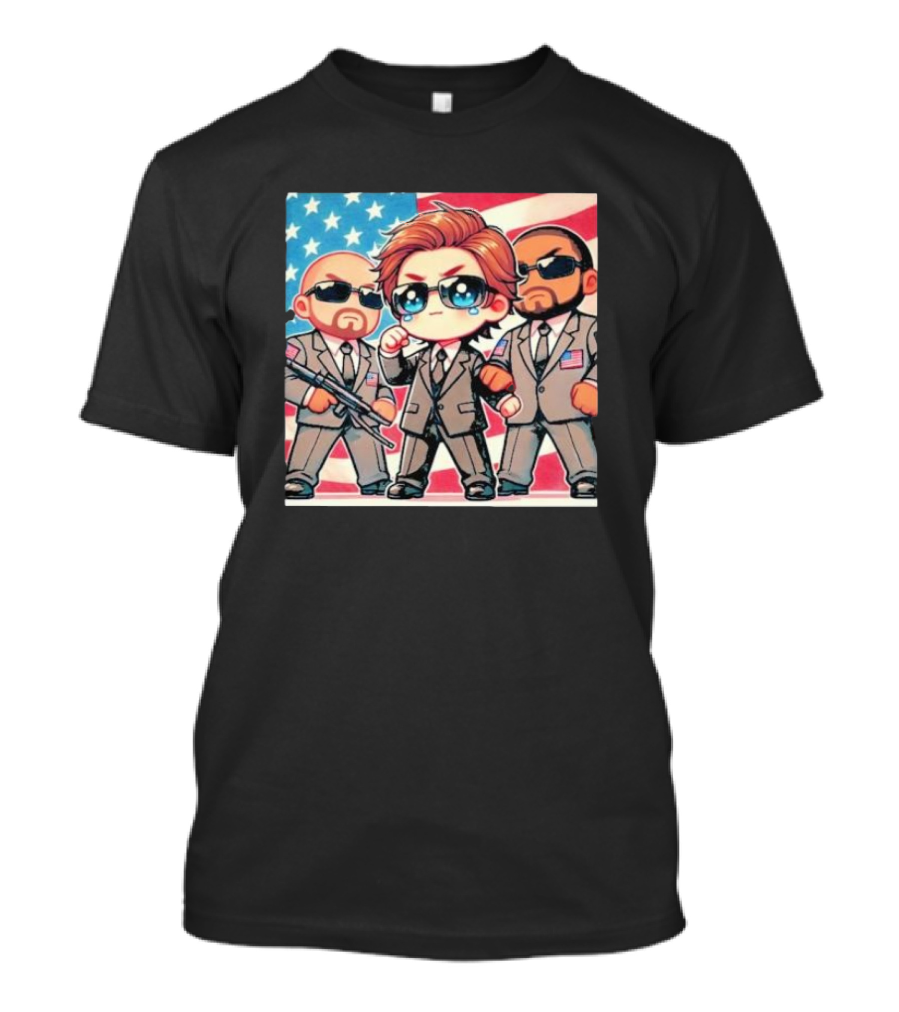Trump A Special Person’s Choice Cartoon Style With Security Team And American Flag Background T-Shirt