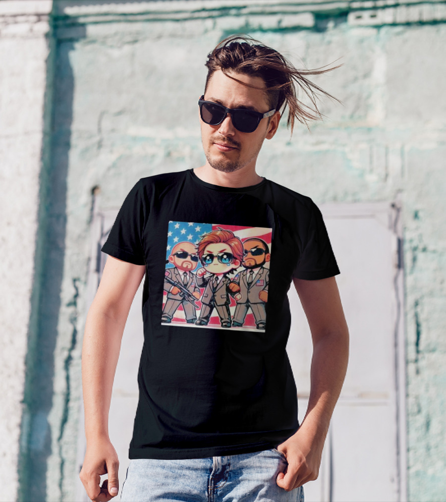 Trump A Special Person’s Choice Cartoon Style With Security Team And American Flag Background T-Shirt