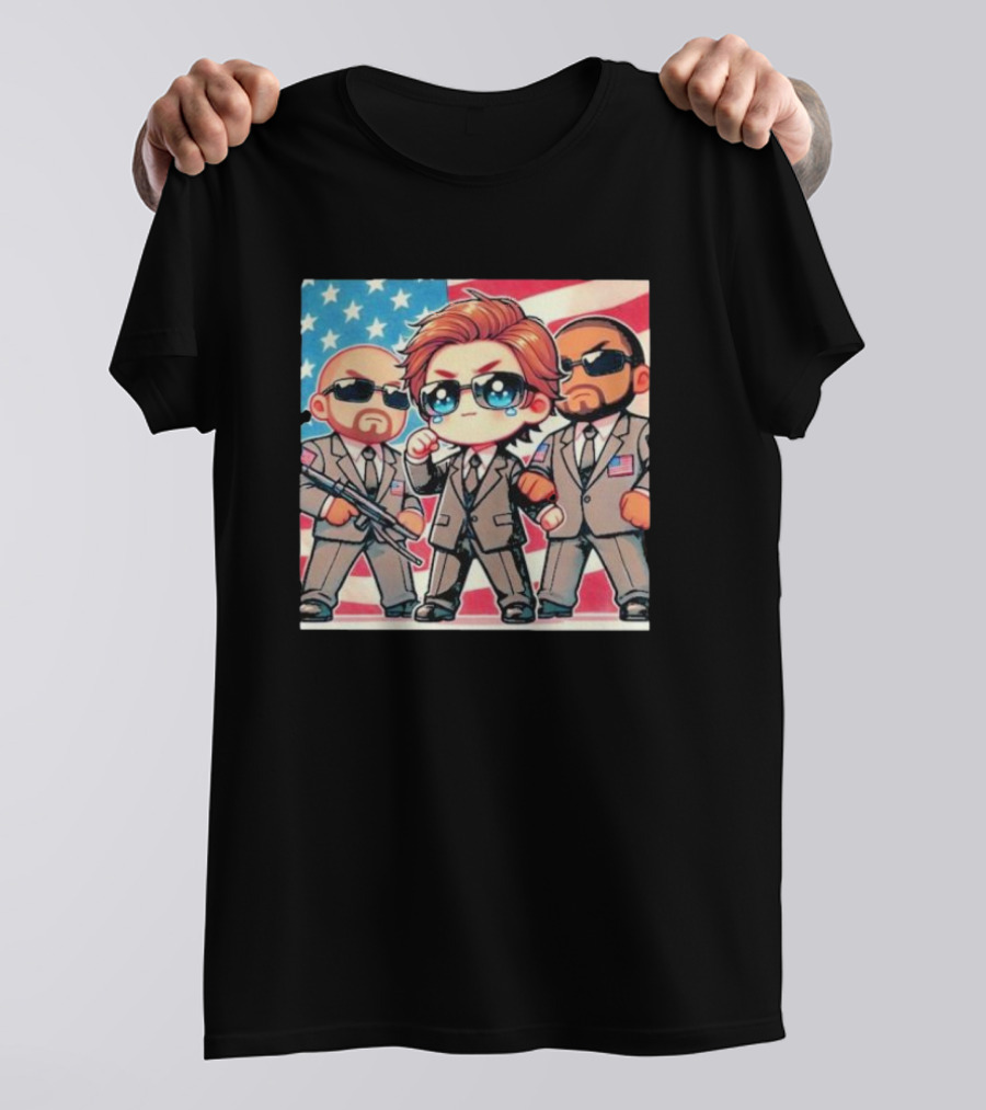 Trump A Special Person’s Choice Cartoon Style With Security Team And American Flag Background T-Shirt