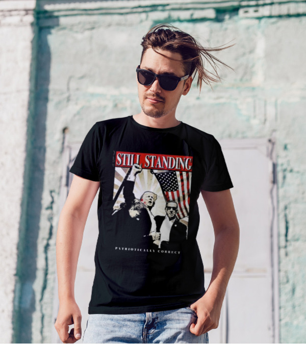 Still Standing Patriotically Correct Zeek Arkham American Flag Leadership T-Shirt