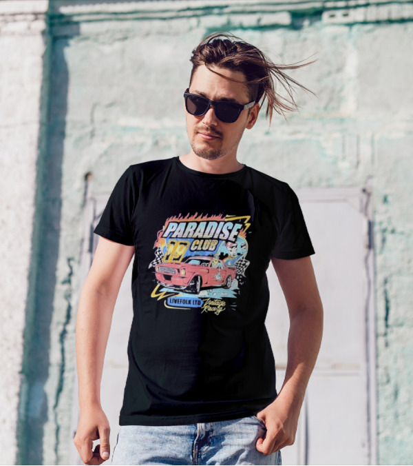 Paradise Club 19 Livefolk Ltd Vintage Racing Skeleton Racer Car Checkered Flags T-Shirt