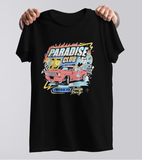 Paradise Club 19 Livefolk Ltd Vintage Racing Skeleton Racer Car Checkered Flags T-Shirt