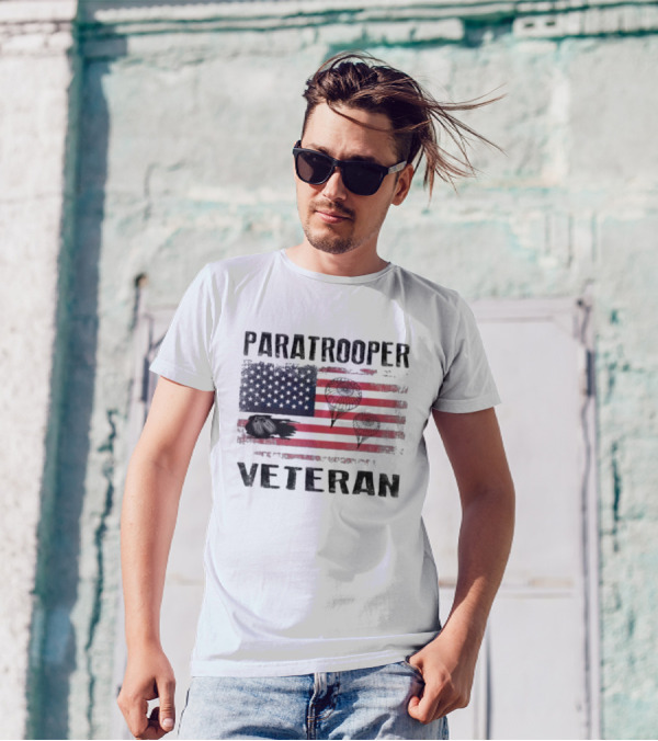 Paratrooper Veteran US Flag Tribute With Airborne T-Shirt